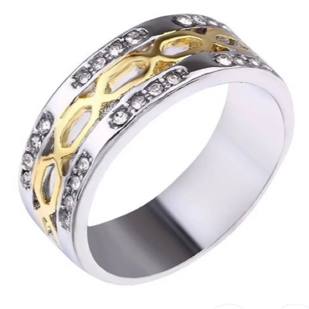Handsome 18K Gold 925 Sterling Silver Inlaid Diamond Two-Toned Men’s Ring Sz 7.5 - Picture 2 of 10